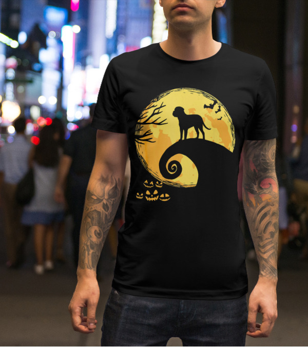 Bullmastiff Silhouette Moonlit Halloween Scene With Pumpkins And Bats T-Shirt