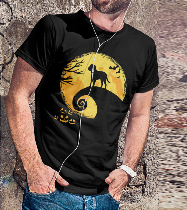 Bullmastiff Silhouette Moonlit Halloween Scene With Pumpkins And Bats T-Shirt