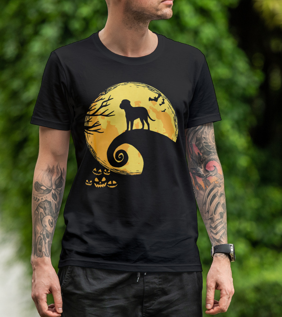 Bullmastiff Silhouette Moonlit Halloween Scene With Pumpkins And Bats T-Shirt