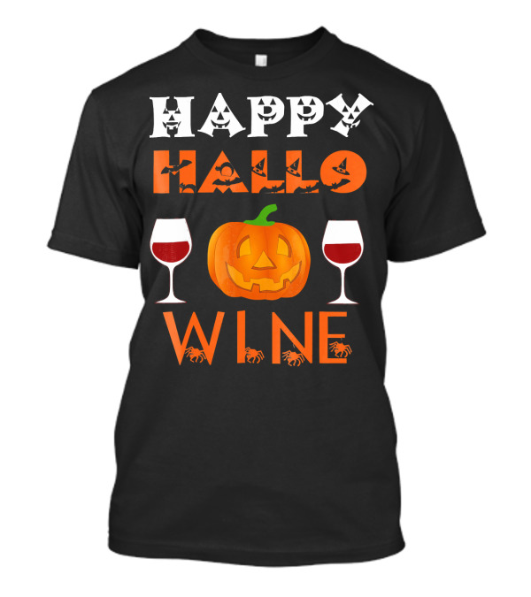 Happy Halloween Pumpkin Wine Glasses Spooky Bats And Spiders T-Shirt