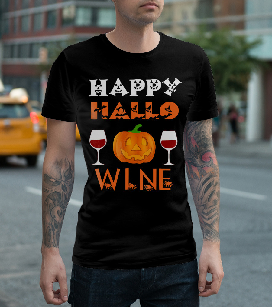 Happy Halloween Pumpkin Wine Glasses Spooky Bats And Spiders T-Shirt