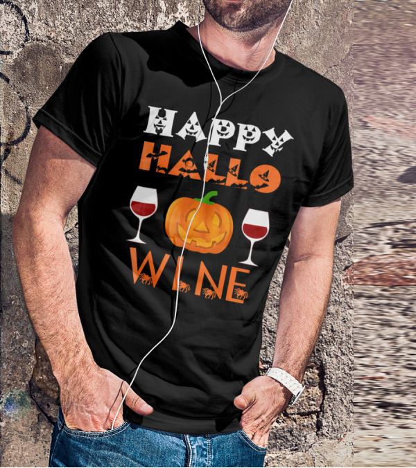 Happy Halloween Pumpkin Wine Glasses Spooky Bats And Spiders T-Shirt
