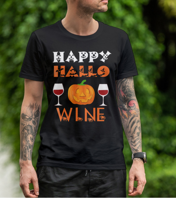 Happy Halloween Pumpkin Wine Glasses Spooky Bats And Spiders T-Shirt