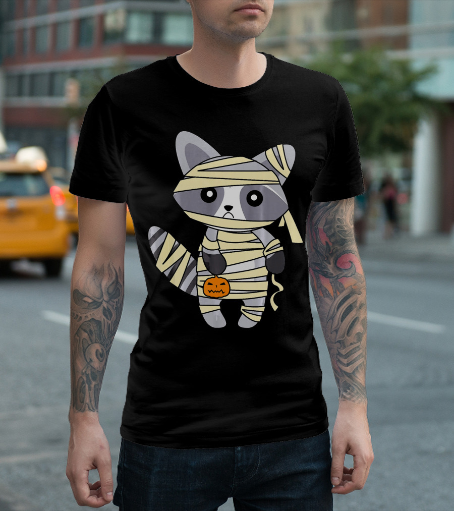 Mummy Raccoon Halloween with Jack-O'-Lantern T-Shirt