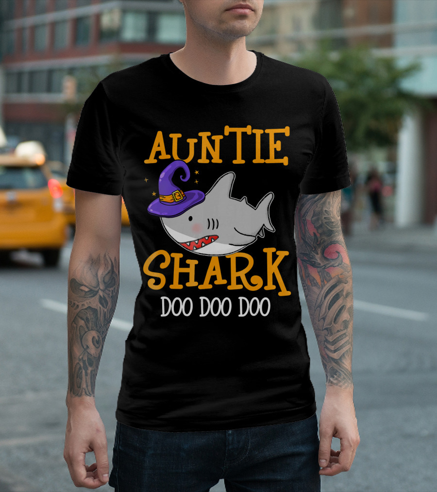 Auntie Shark Doo Doo Doo Funny Halloween With Witch Hat T-Shirt