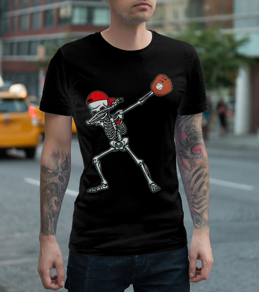 Dabbing Skeleton Baseball Dab Hi Red Cap Glove T-Shirt