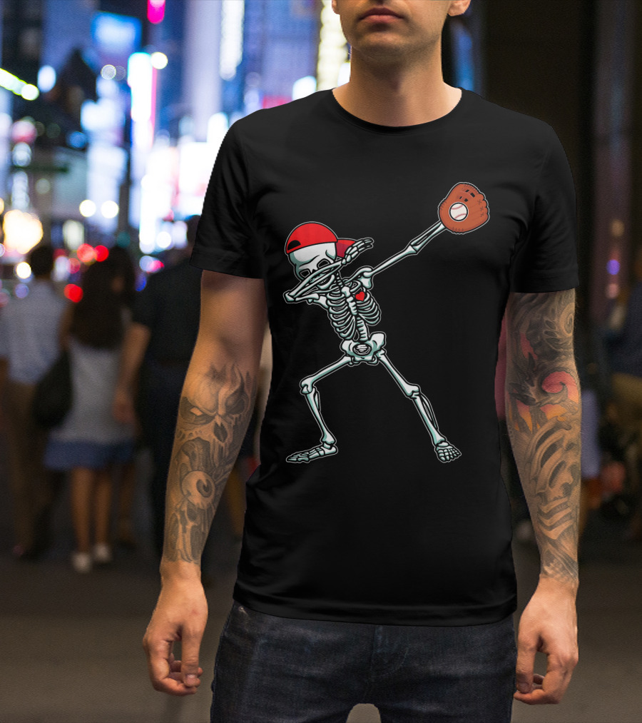 Dabbing Skeleton Baseball Dab Hi Red Cap Glove T-Shirt