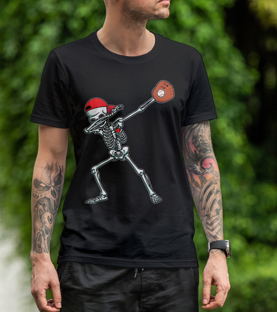 Dabbing Skeleton Baseball Dab Hi Red Cap Glove T-Shirt