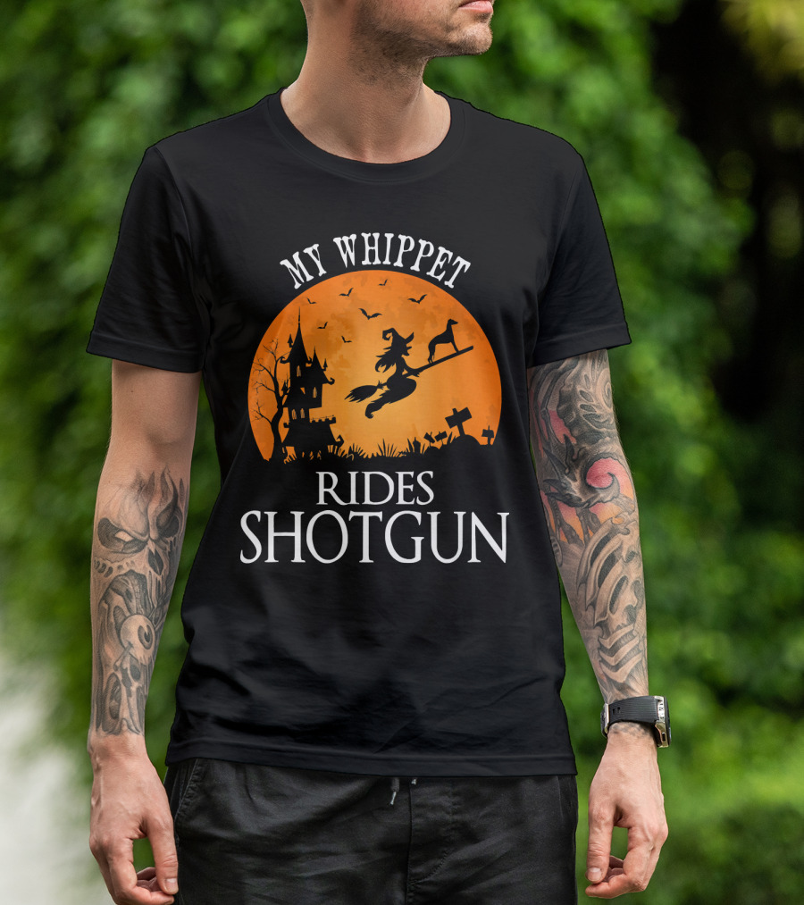 My Whippet Rides Shotgun Witch Broomstick Halloween Scene T-Shirt