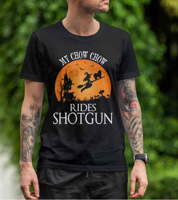 My Chow Chow Rides Shotgun Witch Silhouette Halloween Scene T-Shirt
