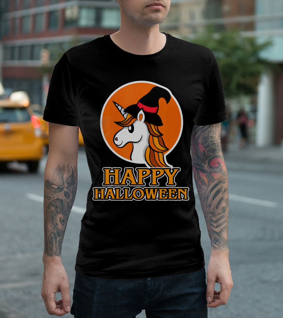 Happy Halloween Unicorn with Witch Hat T-Shirt