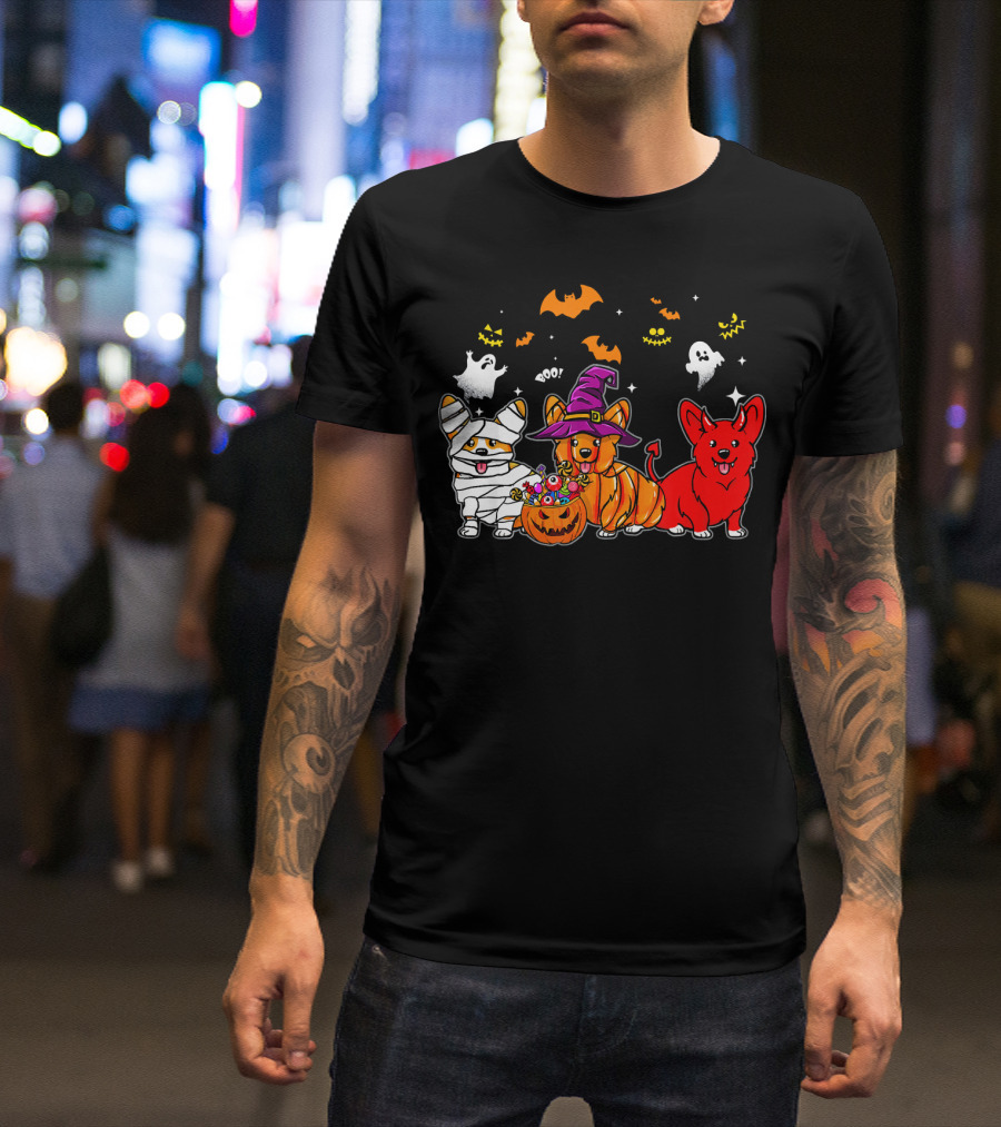 Corgi Dog Halloween Ghosts Pumpkins Mummy Witch T-Shirt