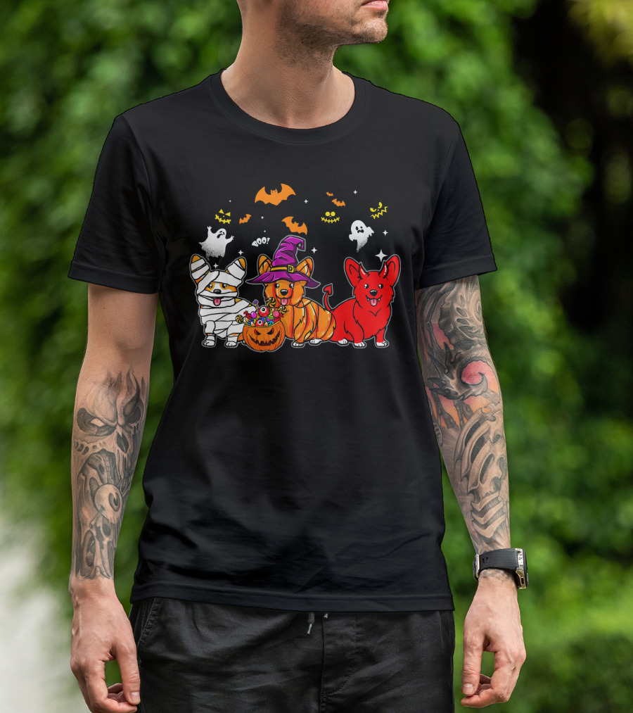 Corgi Dog Halloween Ghosts Pumpkins Mummy Witch T-Shirt