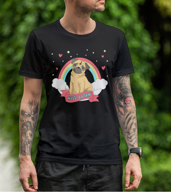 Hail Satan Pug Cute Halloween Rainbow Hearts Stars Clouds T-Shirt