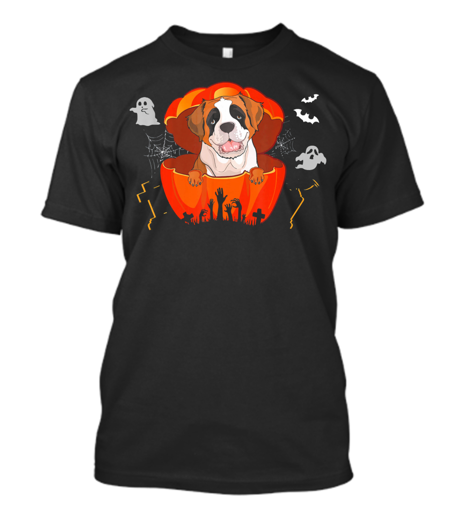 St Bernard Dog In Pumpkin With Ghosts And Bats For Halloween T-Shirt