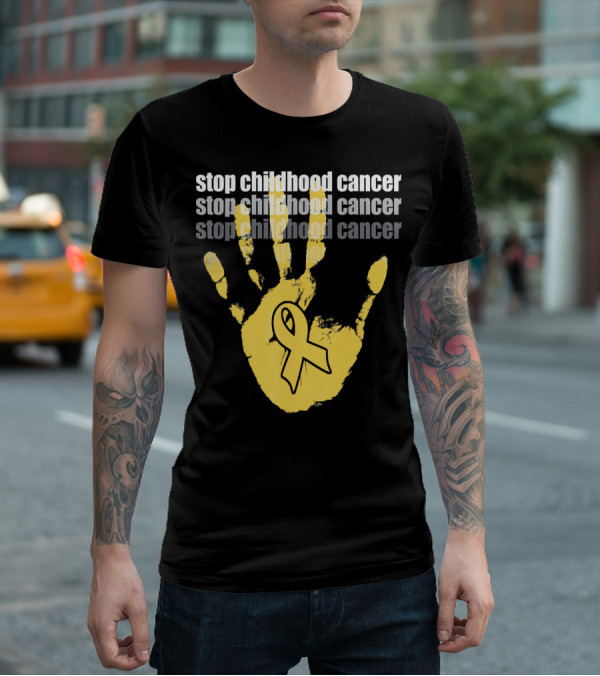 Stop Childhood Cancer Yellow Handprint Ribbon Awareness T-Shirt