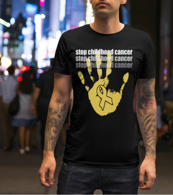 Stop Childhood Cancer Yellow Handprint Ribbon Awareness T-Shirt