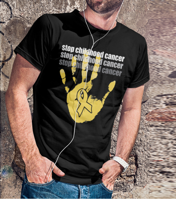 Stop Childhood Cancer Yellow Handprint Ribbon Awareness T-Shirt