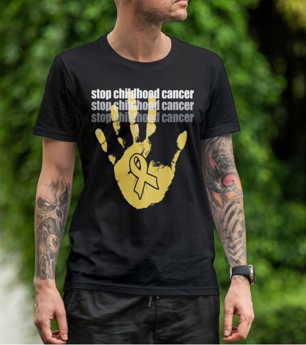 Stop Childhood Cancer Yellow Handprint Ribbon Awareness T-Shirt
