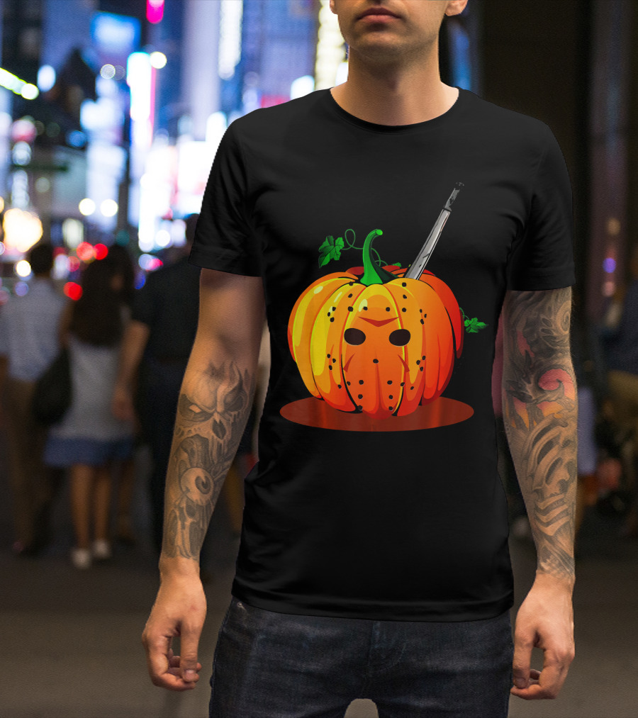 Horror Pumpkin Halloween Scary Face Knife T-Shirt