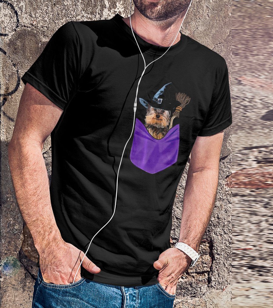 Yorkie Witch In Pocket With Broomstick T-Shirt