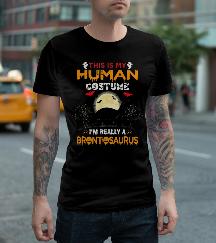 This Is My Human Costume I'm Really a Brontosaurus Halloween Moon Ghosts Bats Trees T-Shirt