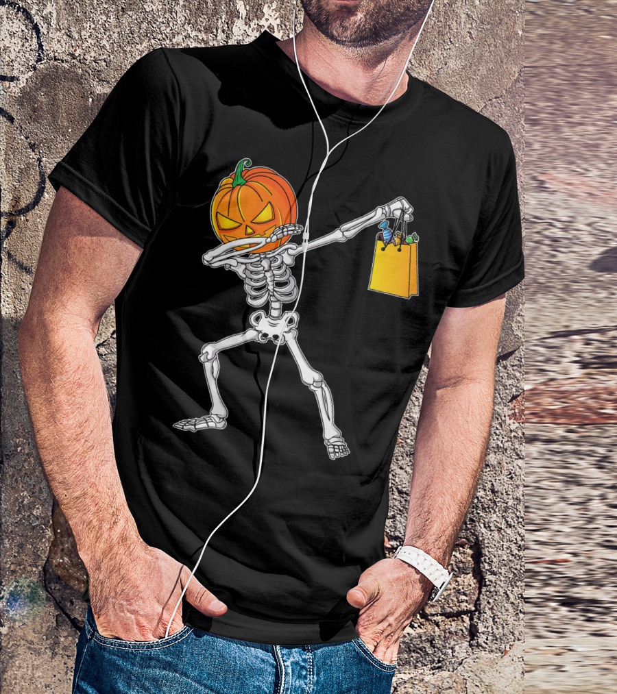 Halloween Kids Pumpkin Skeleton Dabbing With Candy Bag T-Shirt