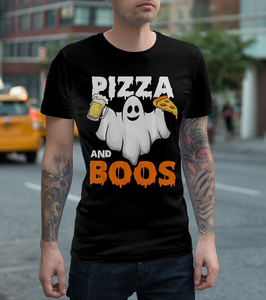 Pizza and Boos Ghost Holding Beer and Pizza Slice Halloween Funny Ghost Drinking Beer T-Shirt
