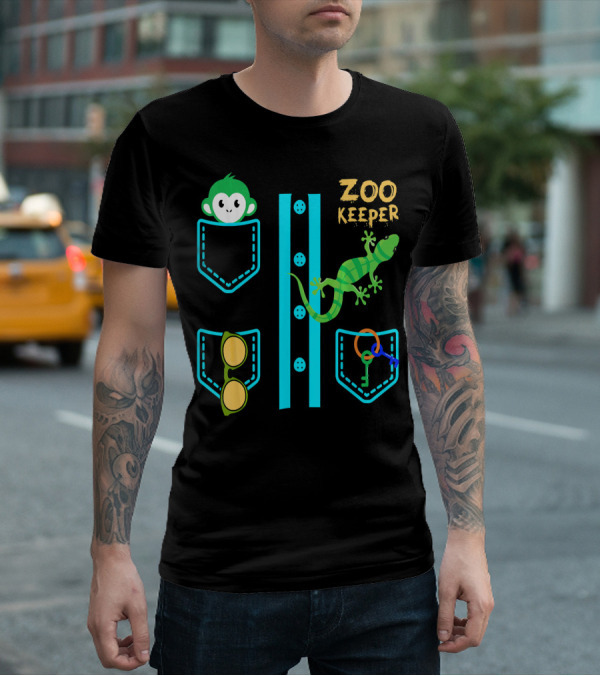 Zoo Keeper Costume Halloween Monkey Lizard Pockets Keys Glasses T-Shirt
