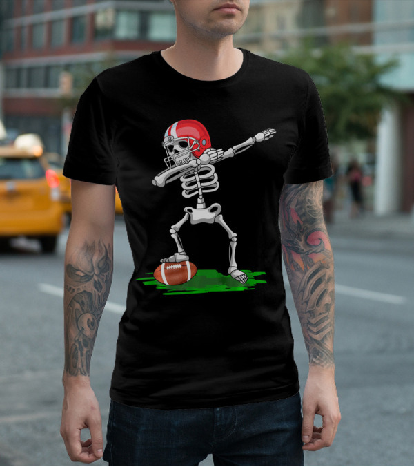Dabbing Skeleton With Football And Red Helmet For Halloween T-Shirt