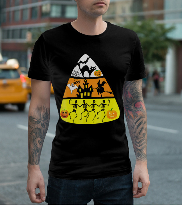 Candy Corn Halloween Scene Witch Skeletons Pumpkins Ghost Bats Haunted House Boo T-Shirt