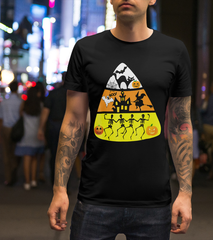 Candy Corn Halloween Scene Witch Skeletons Pumpkins Ghost Bats Haunted House Boo T-Shirt