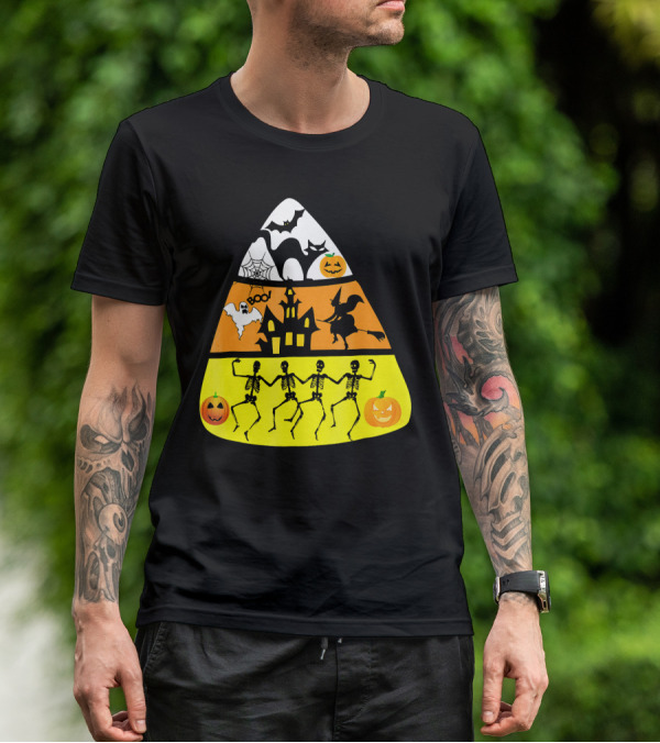 Candy Corn Halloween Scene Witch Skeletons Pumpkins Ghost Bats Haunted House Boo T-Shirt