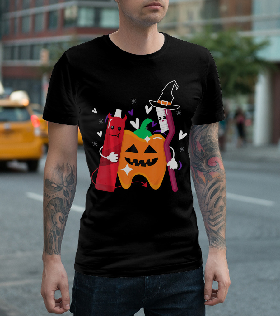 Happy Halloween Costume Toothbrush Tooth with Pumpkin and Toothpaste Characters T-Shirt