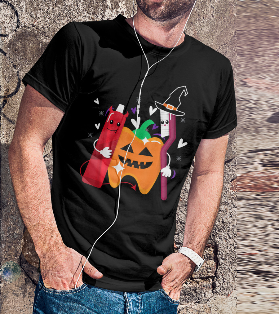 Happy Halloween Costume Toothbrush Tooth With Pumpkin And Toothpaste Characters T-Shirt