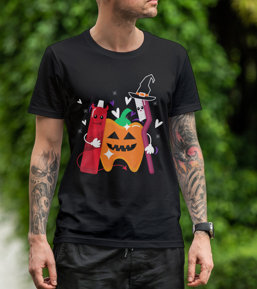 Happy Halloween Costume Toothbrush Tooth With Pumpkin And Toothpaste Characters T-Shirt