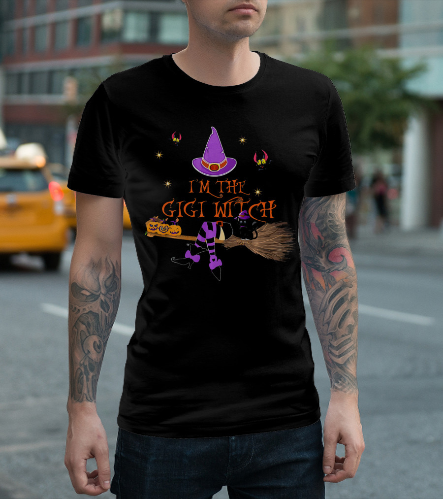I'm the Gigi Witch Halloween Purple Hat Cat Broomstick Stars T-Shirt