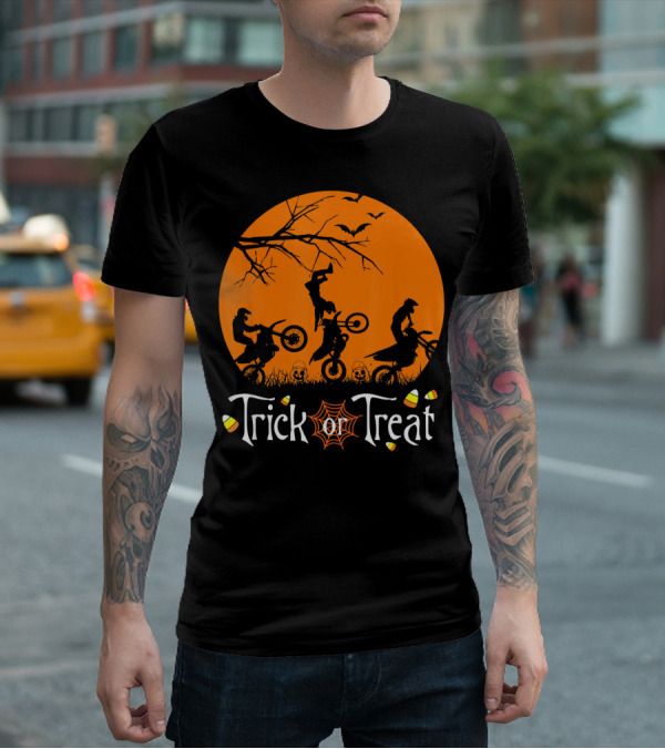 Motocross Halloween Trick Or Treat Moon Scene T-Shirt