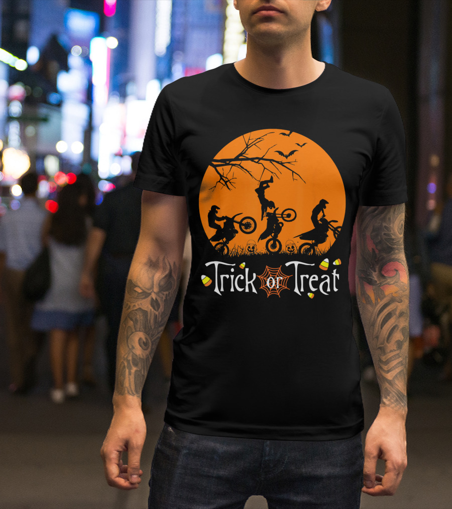Motocross Halloween Trick Or Treat Moon Scene T-Shirt