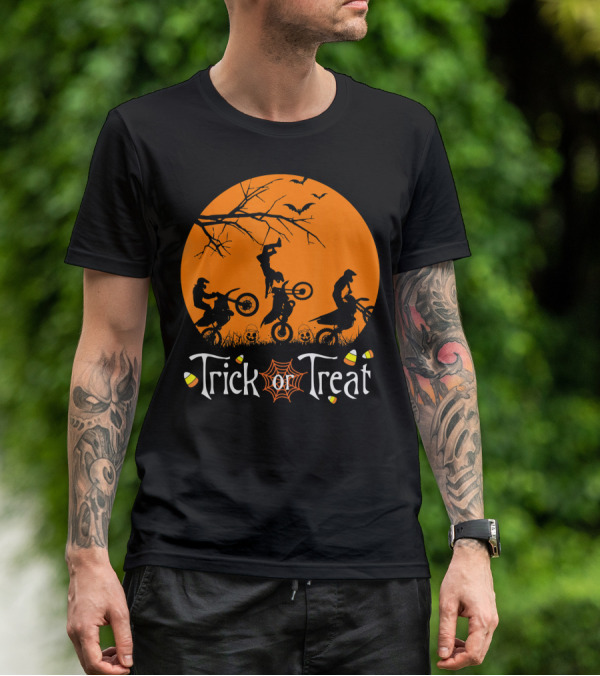 Motocross Halloween Trick Or Treat Moon Scene T-Shirt