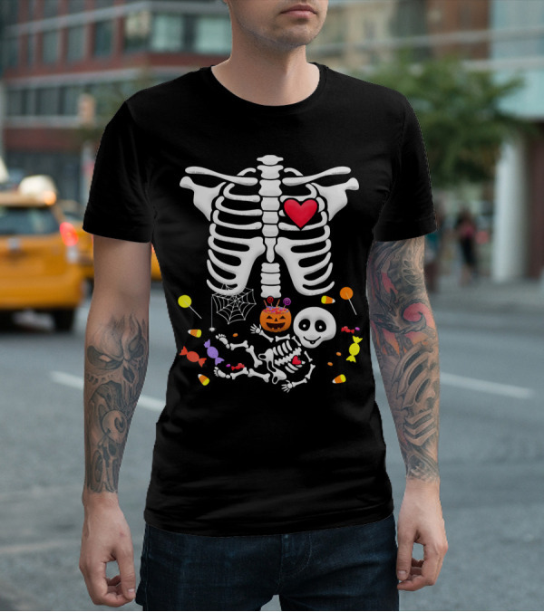 Pregnant Skeleton Heart Candy Pumpkin Halloween T-Shirt