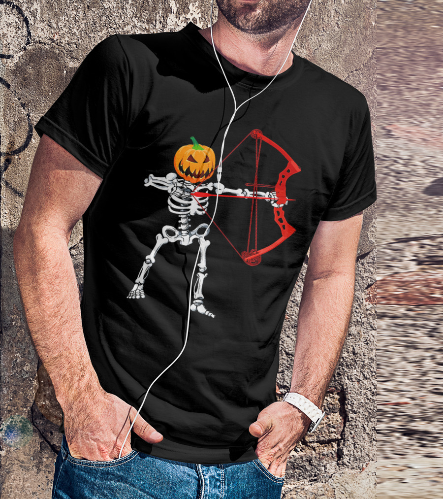 Skeleton Pumpkin Head With Red Bow Archery Halloween T-Shirt