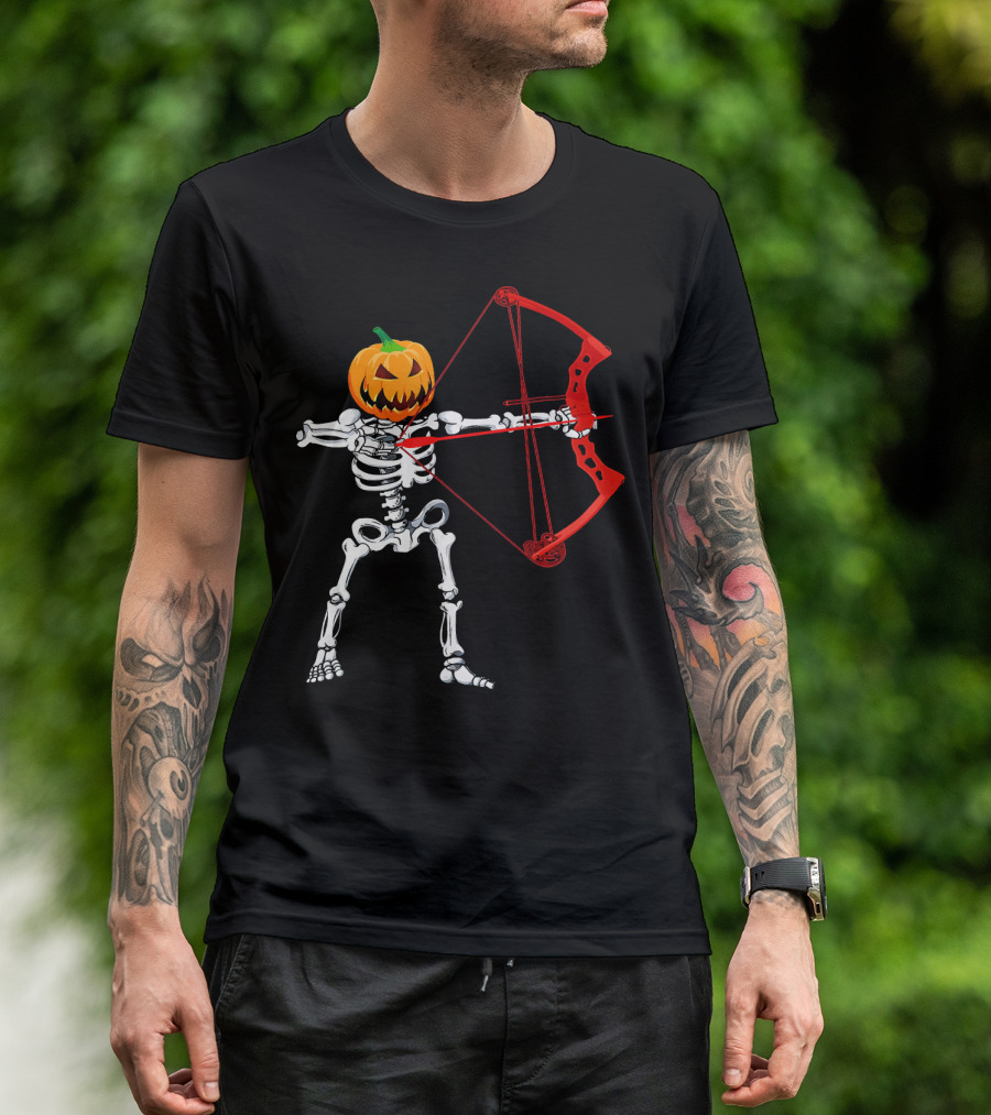 Skeleton Pumpkin Head With Red Bow Archery Halloween T-Shirt