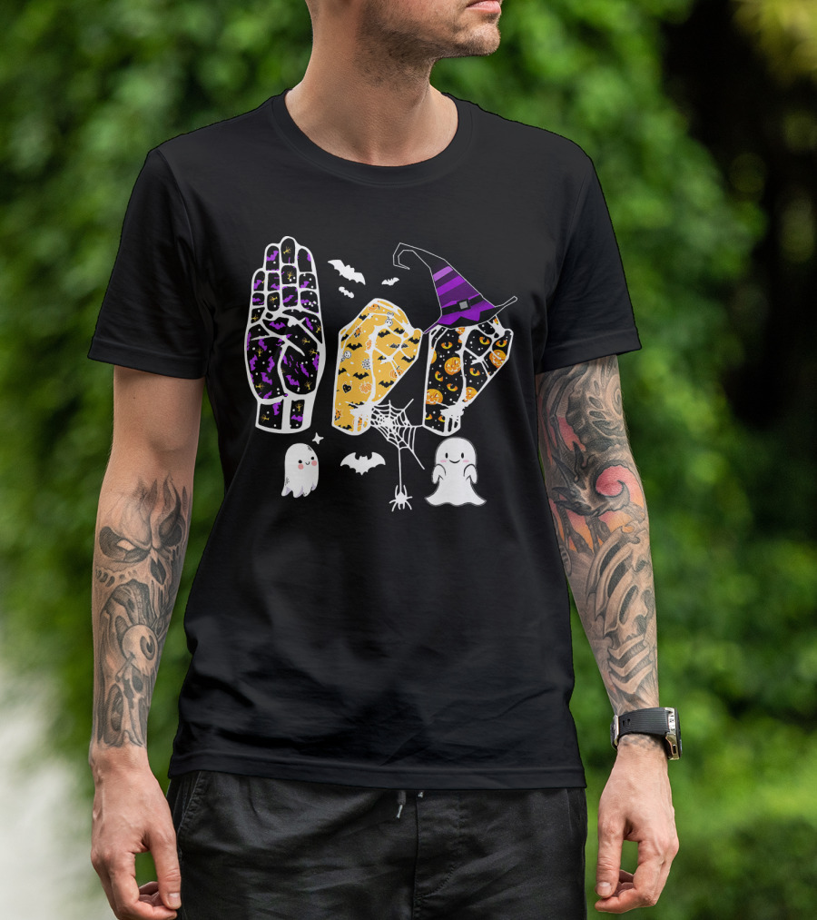 Sign Language Boo Halloween Witch Hat Ghosts T-Shirt