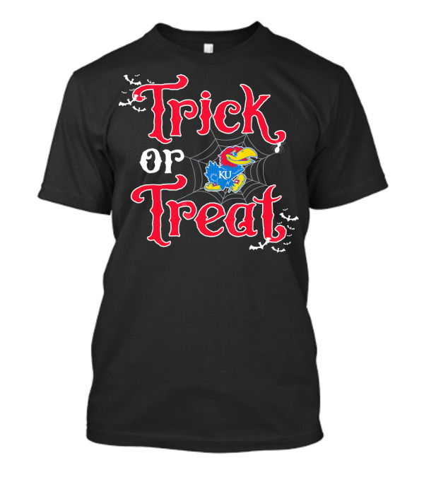 Kansas Jayhawks Trick Or Treat Halloween KU Logo Spiderweb Bats T-Shirt