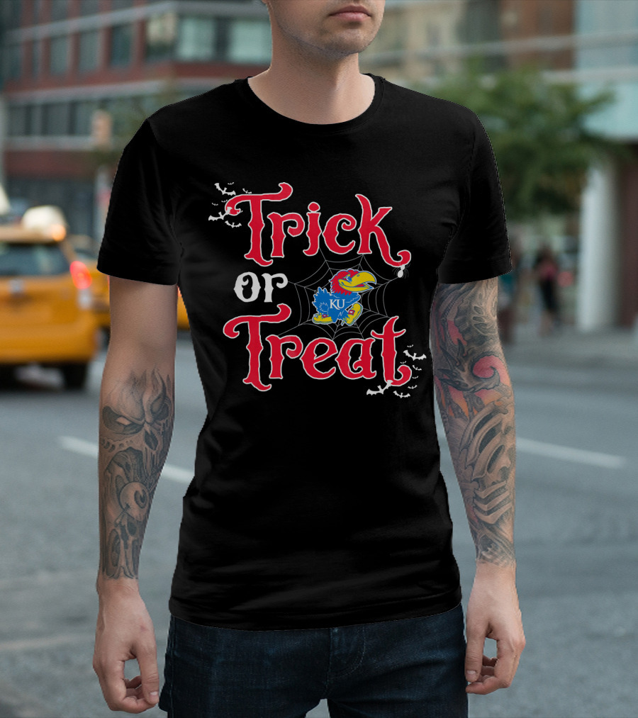 Kansas Jayhawks Trick Or Treat Halloween KU Logo Spiderweb Bats T-Shirt