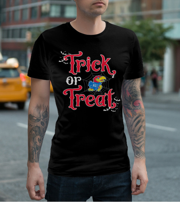 Kansas Jayhawks Trick Or Treat Halloween KU Logo Spiderweb Bats T-Shirt