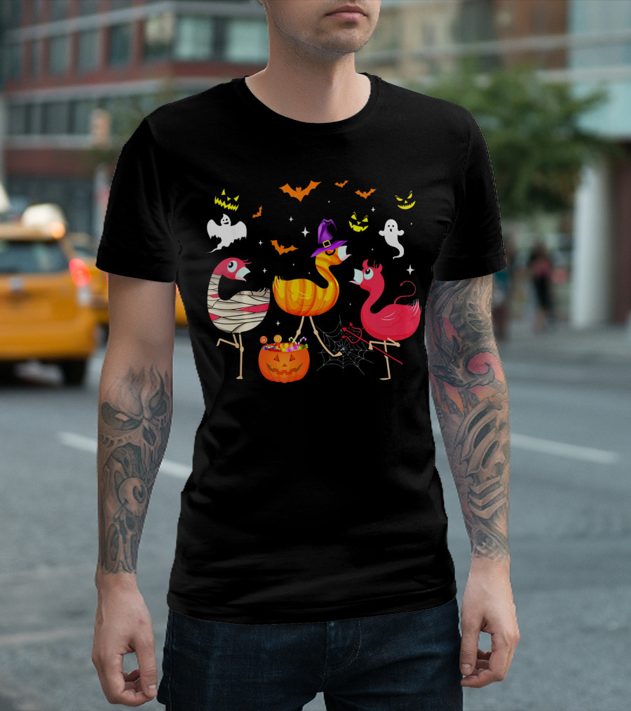 Flamingo Happy Halloween Ghosts and Pumpkins T-Shirt