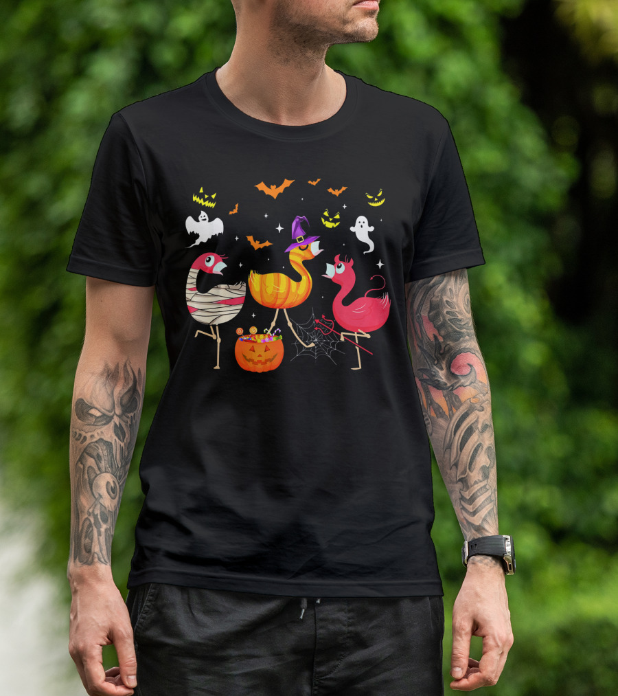 Flamingo Happy Halloween Ghosts And Pumpkins T-Shirt