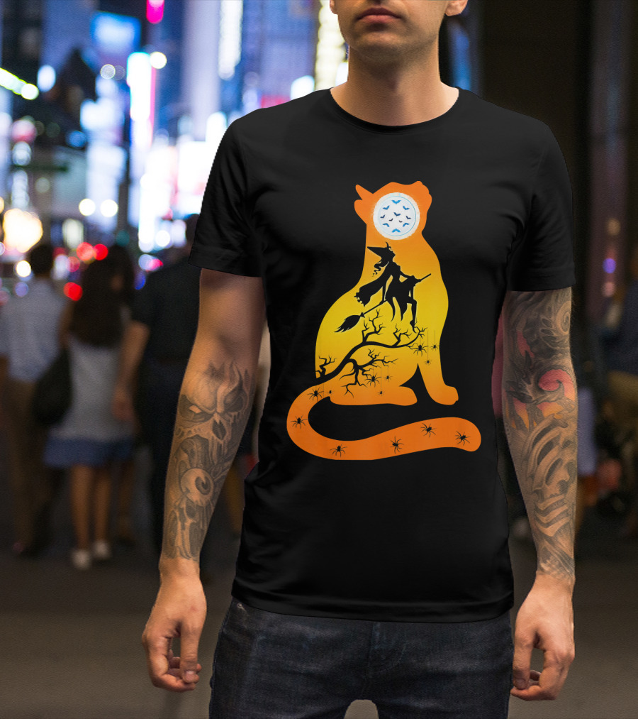 Funny Cat Witch Flying Under Bat Moon With Spooky Webs T-Shirt